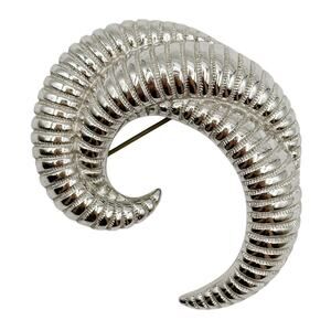 Monet Rams Horn Brooch Vintage Silver Tone Modernist Ribbed C-Shaped Pin Signed